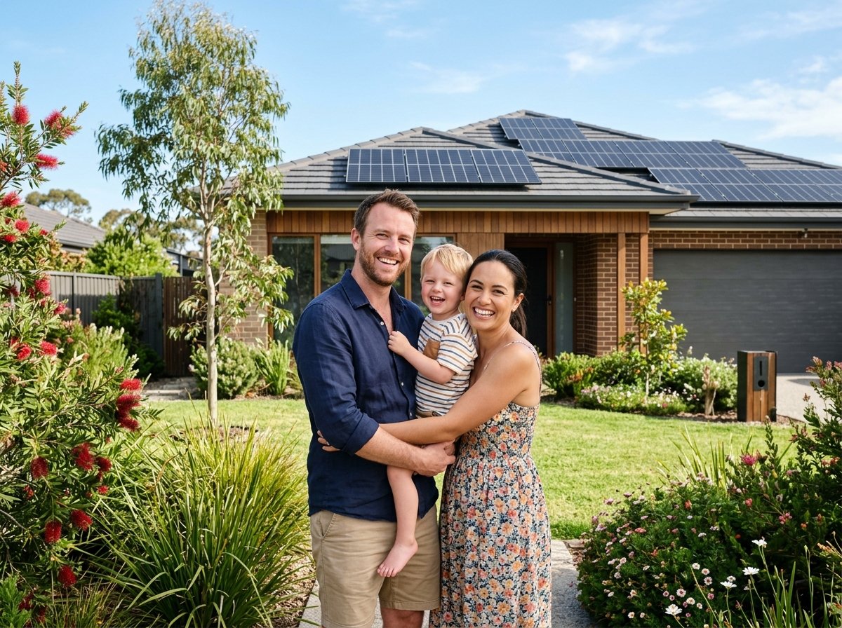 Happy Australian family in front of solar powered home
